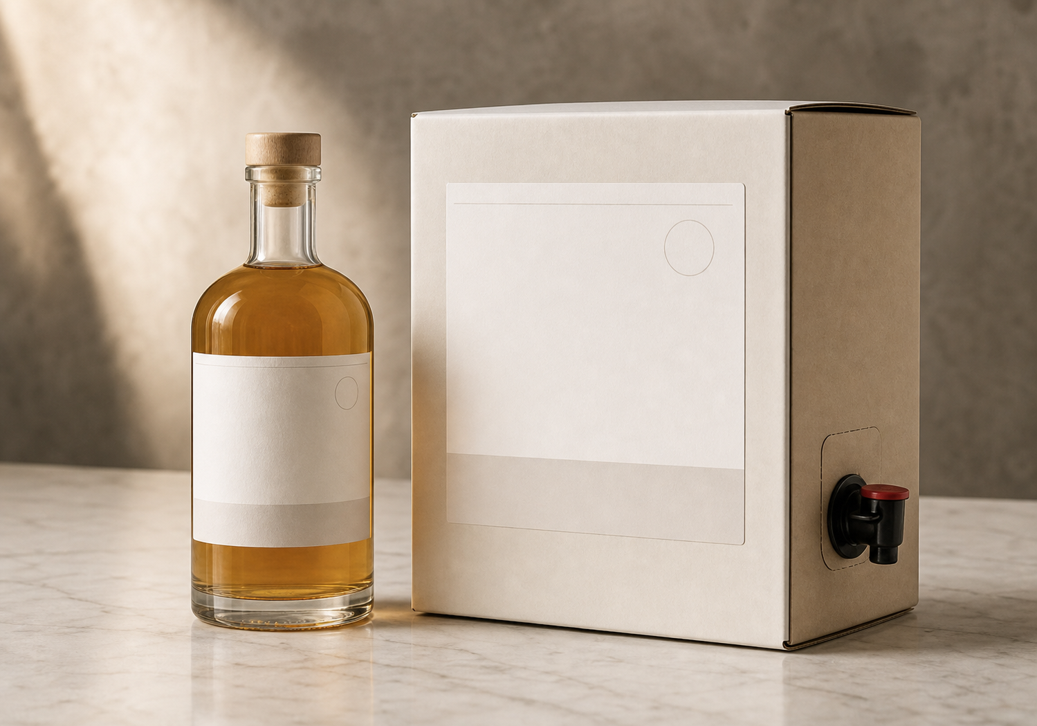 Garrafa personalizada e bag-in-box lado a lado
